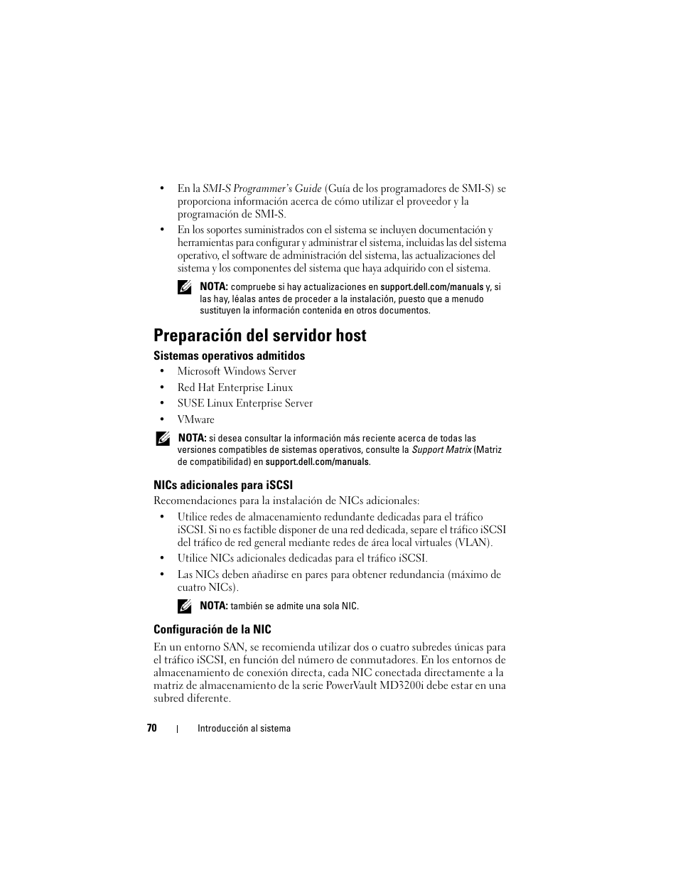 Preparación del servidor host, Sistemas operativos admitidos, Nics adicionales para iscsi | Configuración de la nic | Dell PowerVault MD3200i User Manual | Page 72 / 92