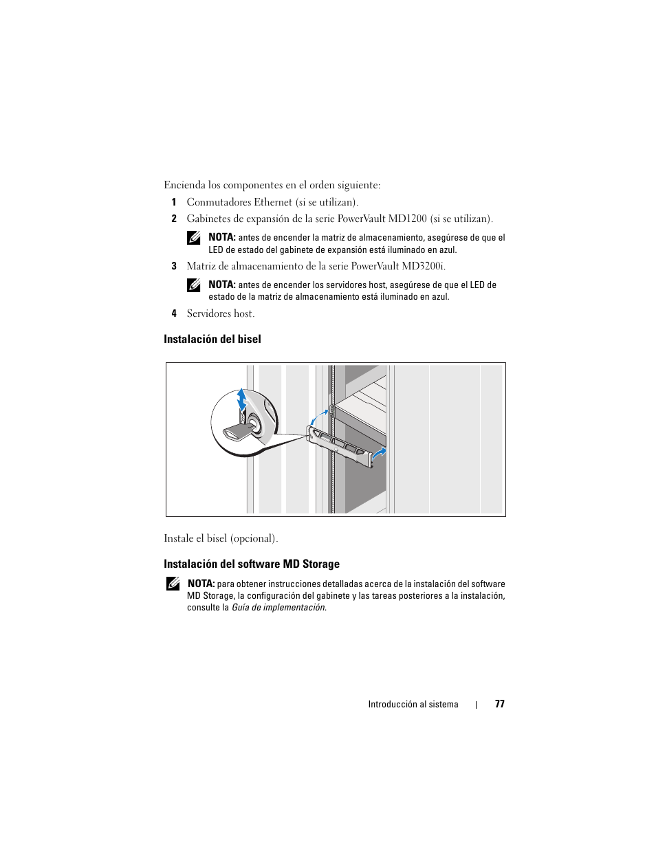 Instalación del bisel, Instalación del software md storage | Dell PowerVault MD3200i User Manual | Page 79 / 92