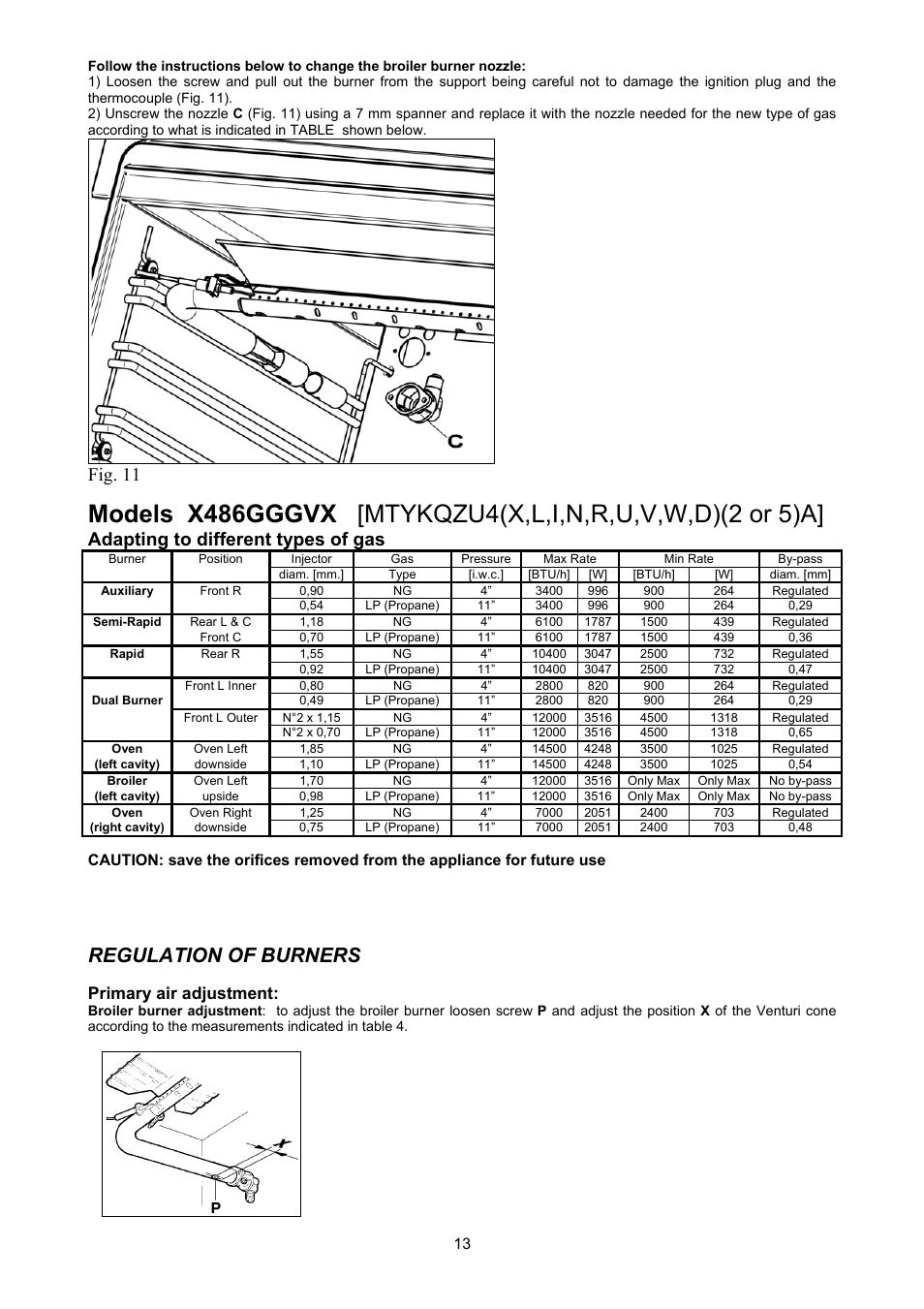 Regulation of burners, Fig. 11, Adapting to different types of gas | Primary air adjustment | Bertazzoni X486GGGVX User Manual | Page 13 / 36