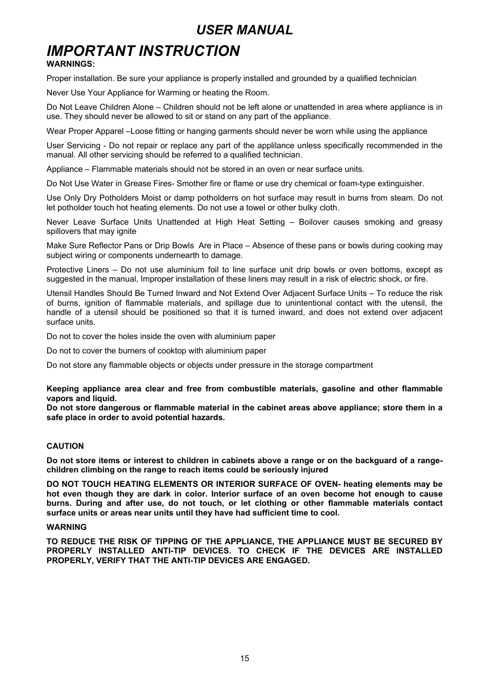 Important instruction, User manual | Bertazzoni X486GGGVX User Manual | Page 15 / 36