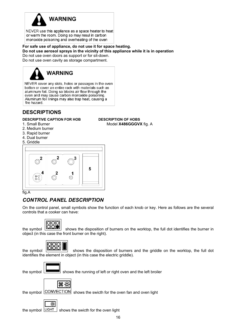 Descriptions, Control panel description | Bertazzoni X486GGGVX User Manual | Page 16 / 36