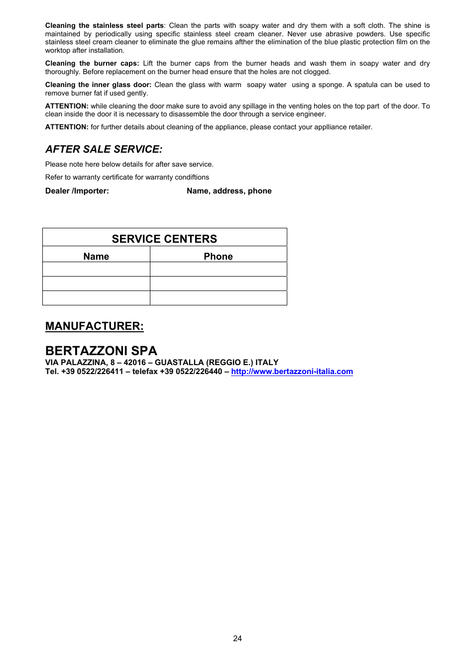 Bertazzoni spa, Manufacturer, Service centers | Bertazzoni X486GGGVX User Manual | Page 24 / 36