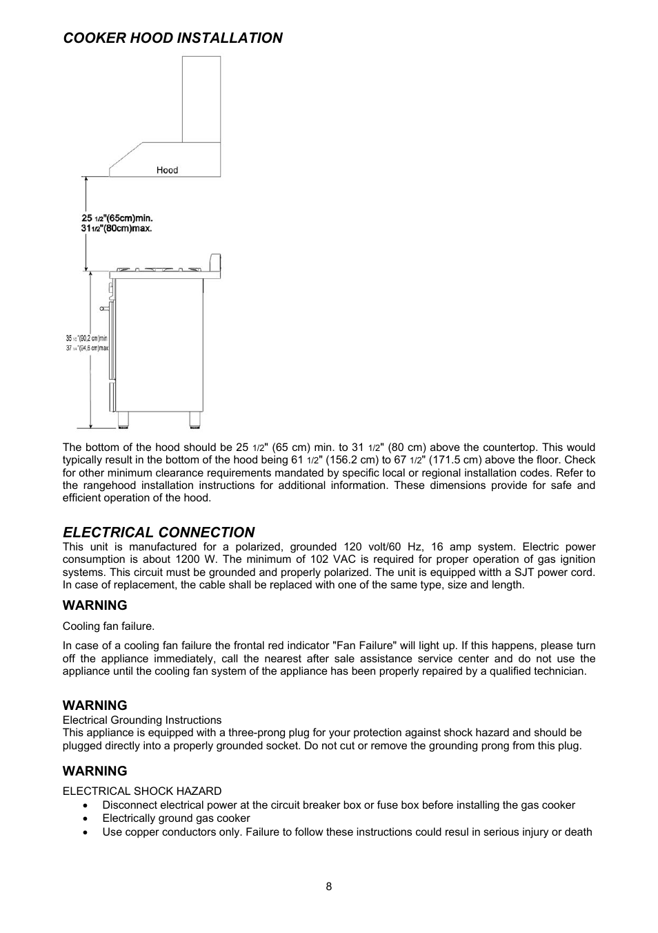 Cooker hood installation, Electrical connection | Bertazzoni X486GGGVX User Manual | Page 8 / 36