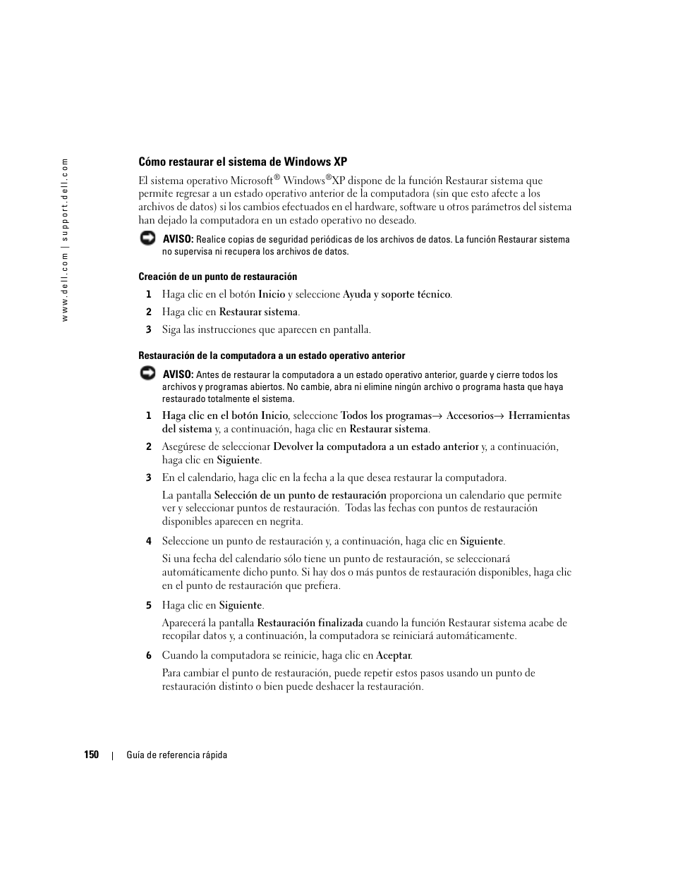 Cómo restaurar el sistema de windows xp | Dell Precision 670 User Manual | Page 150 / 168