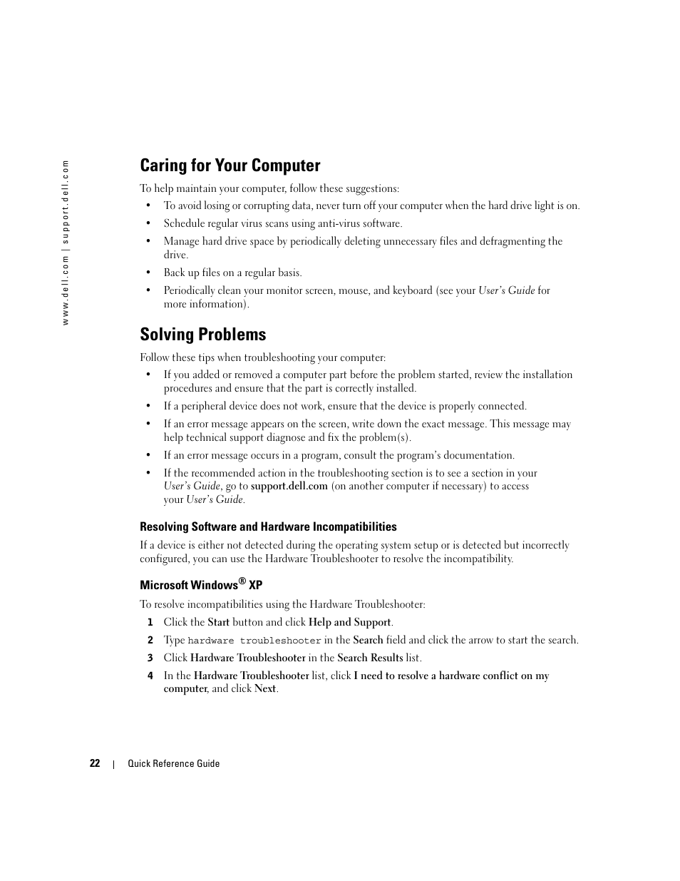 Caring for your computer, Solving problems, Resolving software and hardware incompatibilities | Microsoft windows® xp | Dell Precision 670 User Manual | Page 22 / 168