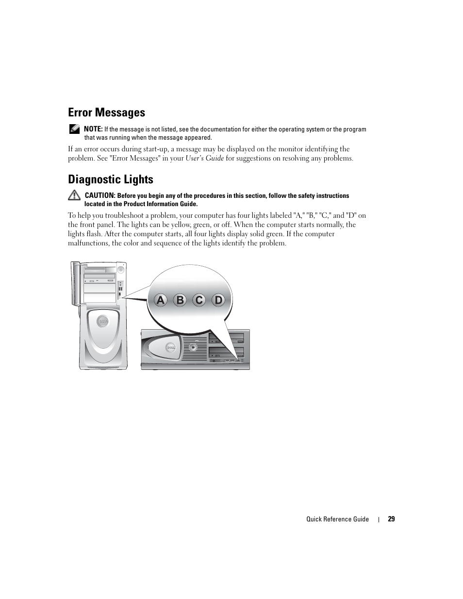 Error messages, Diagnostic lights | Dell Precision 670 User Manual | Page 29 / 168