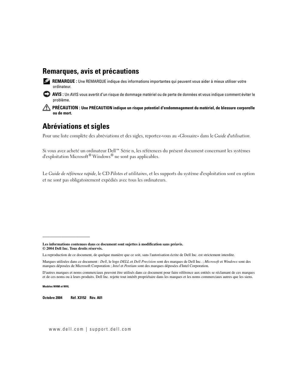 Remarques, avis et précautions, Abréviations et sigles | Dell Precision 670 User Manual | Page 44 / 168