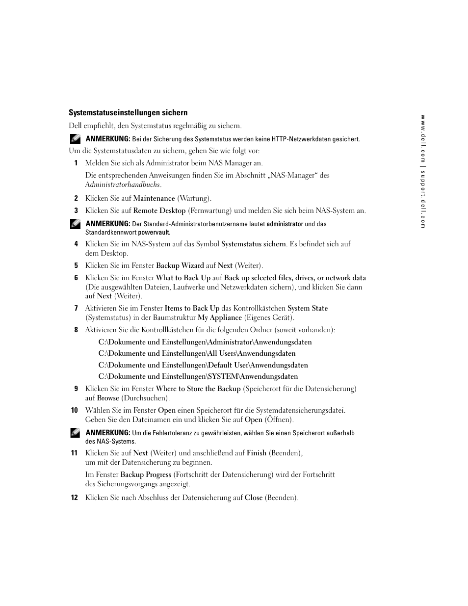 Systemstatuseinstellungen sichern | Dell PowerVault 745N User Manual | Page 13 / 25