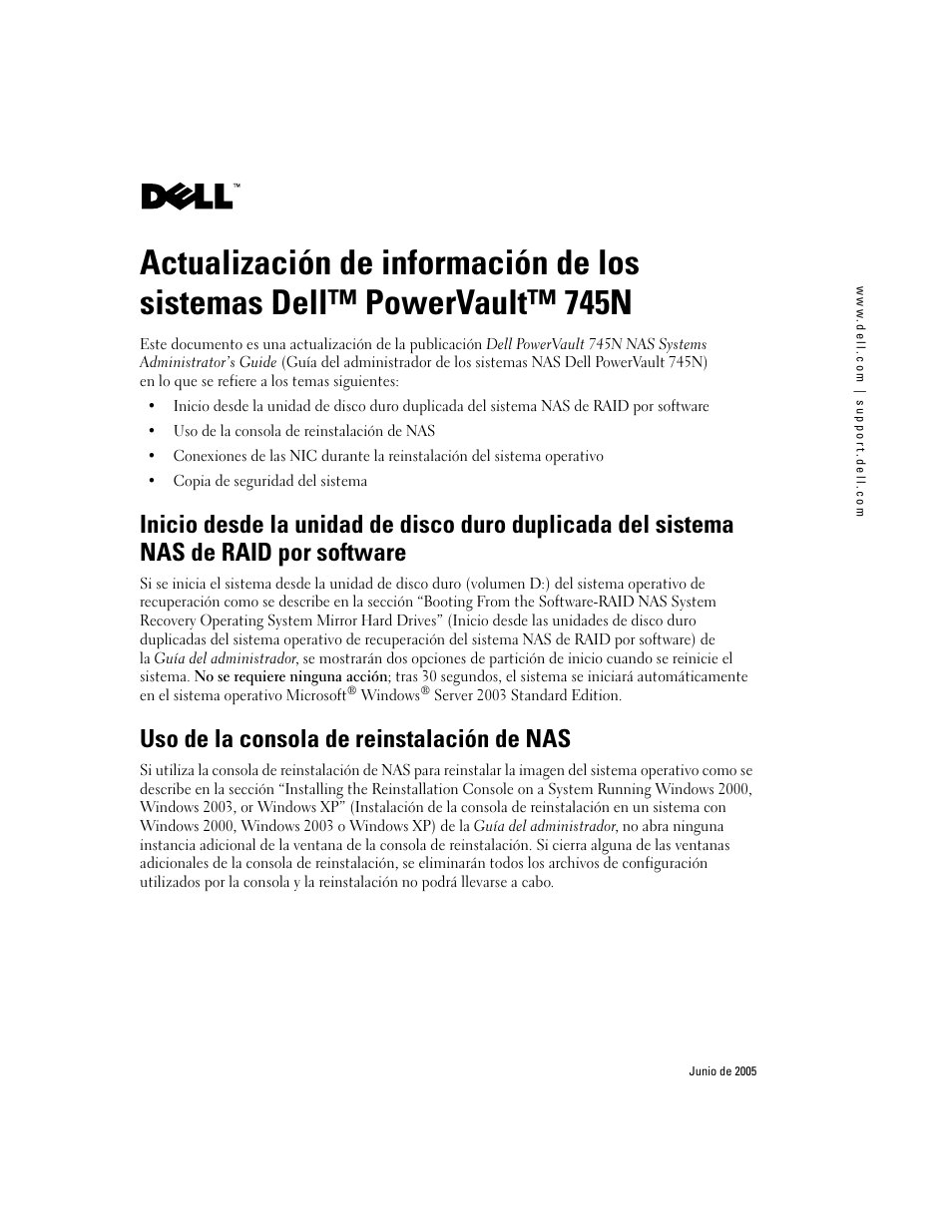 Uso de la consola de reinstalación de nas | Dell PowerVault 745N User Manual | Page 22 / 25