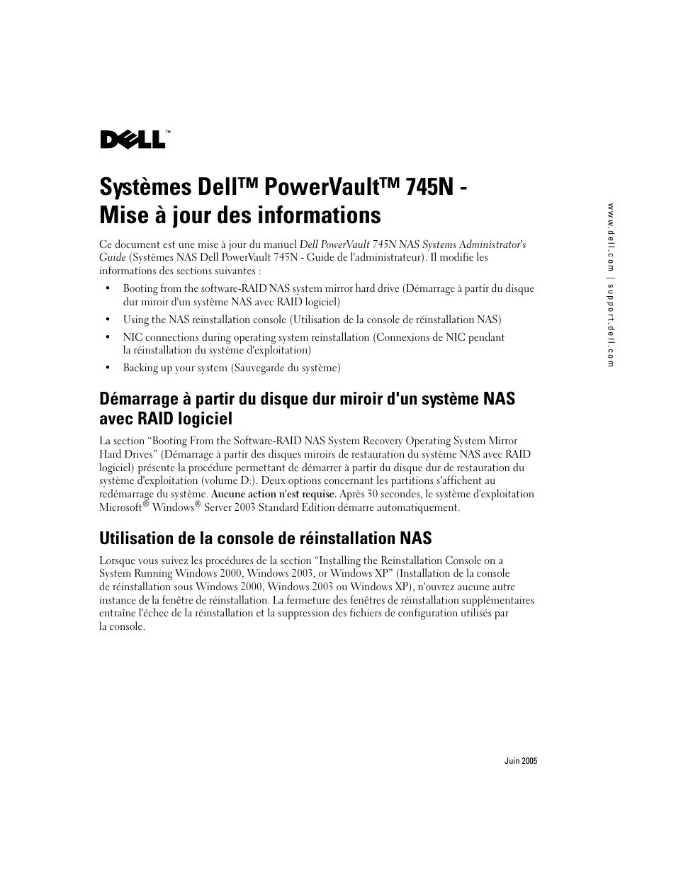 Utilisation de la console de réinstallation nas | Dell PowerVault 745N User Manual | Page 7 / 25