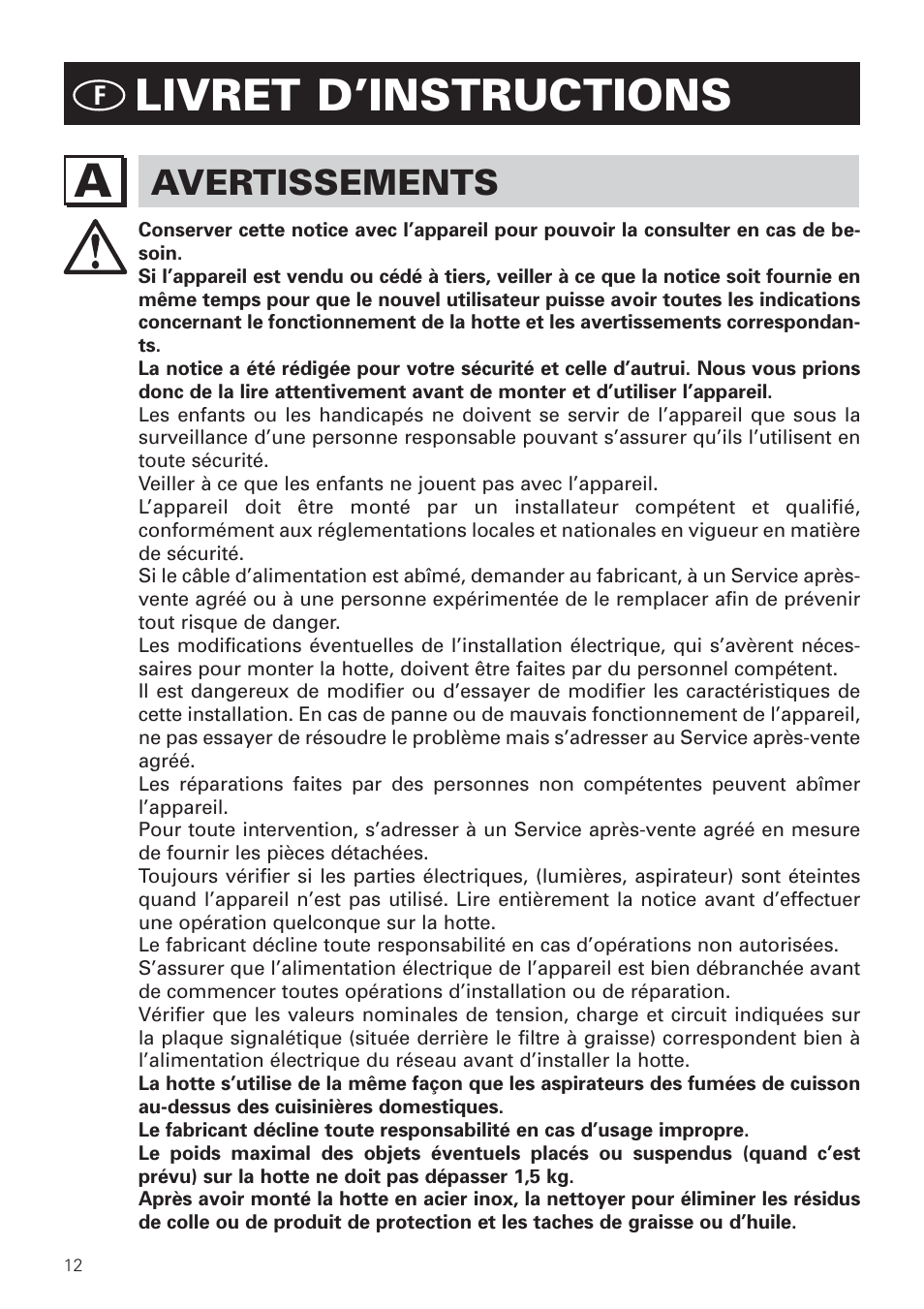 Livret d’instructions, Avertissements | Bertazzoni KIN 36 PER X User Manual | Page 14 / 32