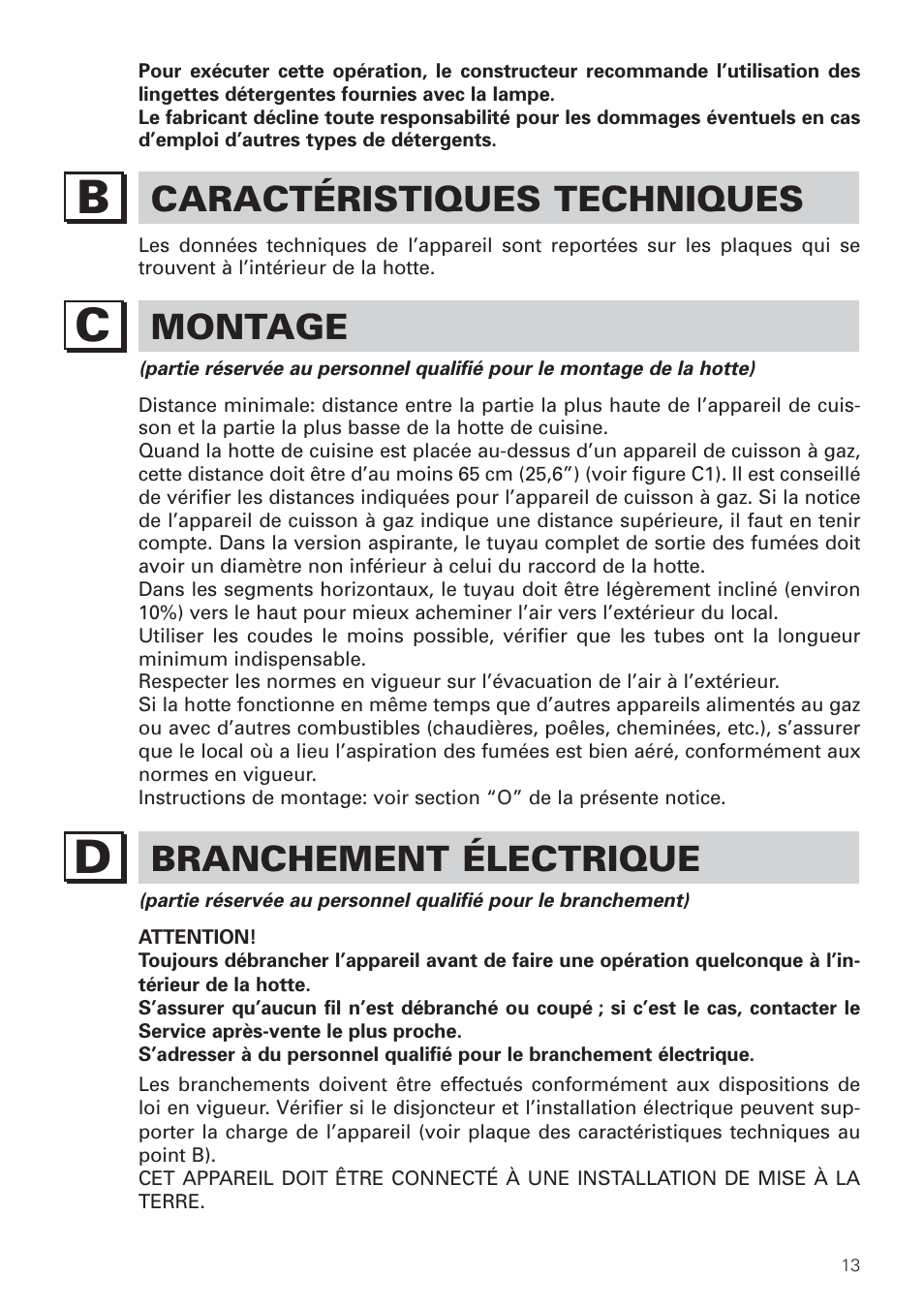 Caractéristiques techniques, Montage, Branchement électrique | Bertazzoni KIN 36 PER X User Manual | Page 15 / 32