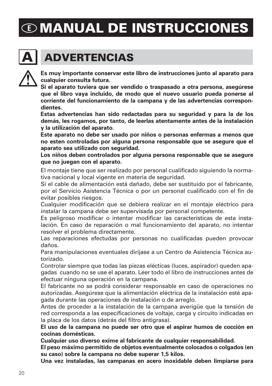 Manual de instrucciones, Advertencias | Bertazzoni KIN 36 PER X User Manual | Page 22 / 32