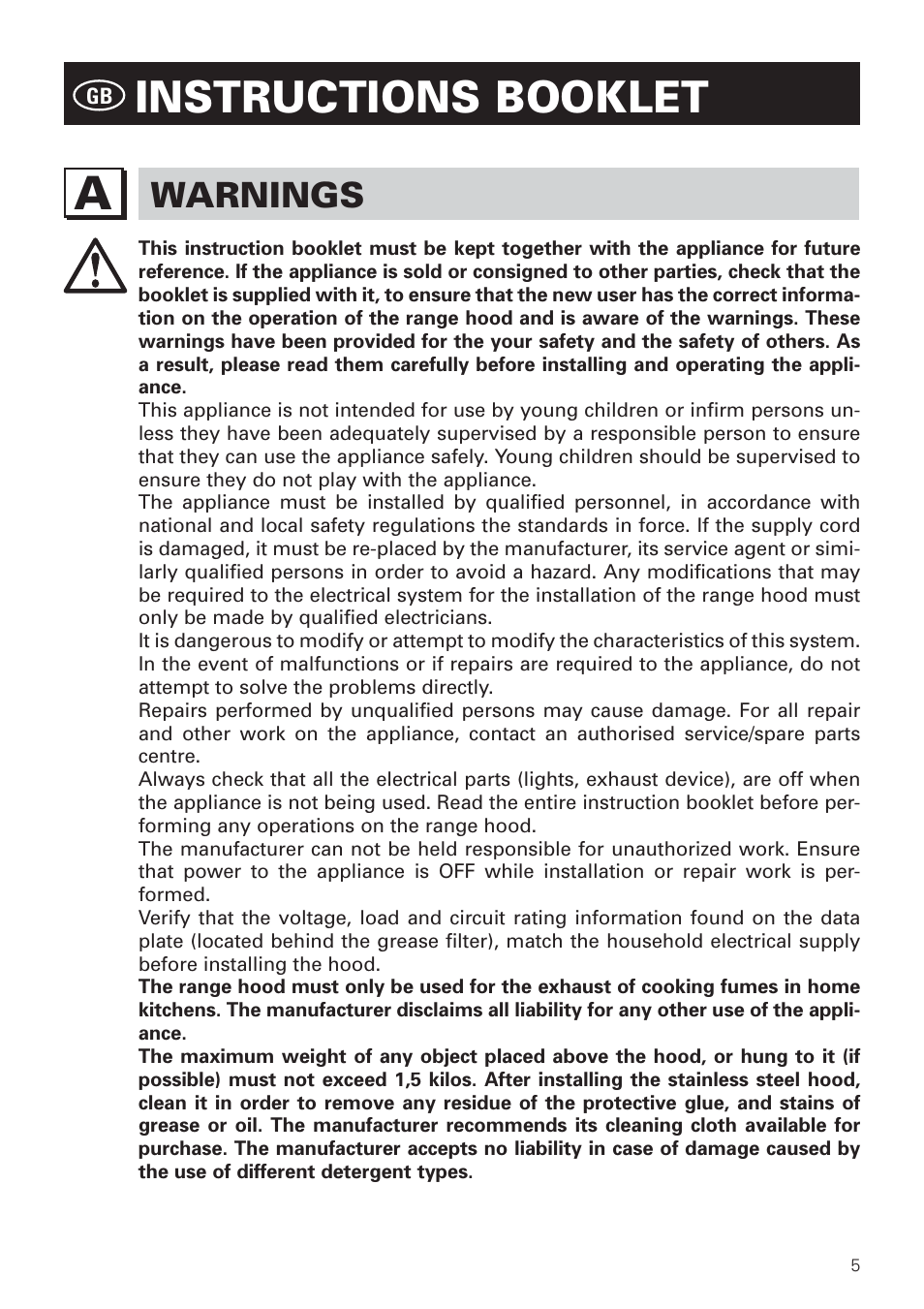Instructions booklet, Warnings | Bertazzoni KIN 36 PER X User Manual | Page 7 / 32