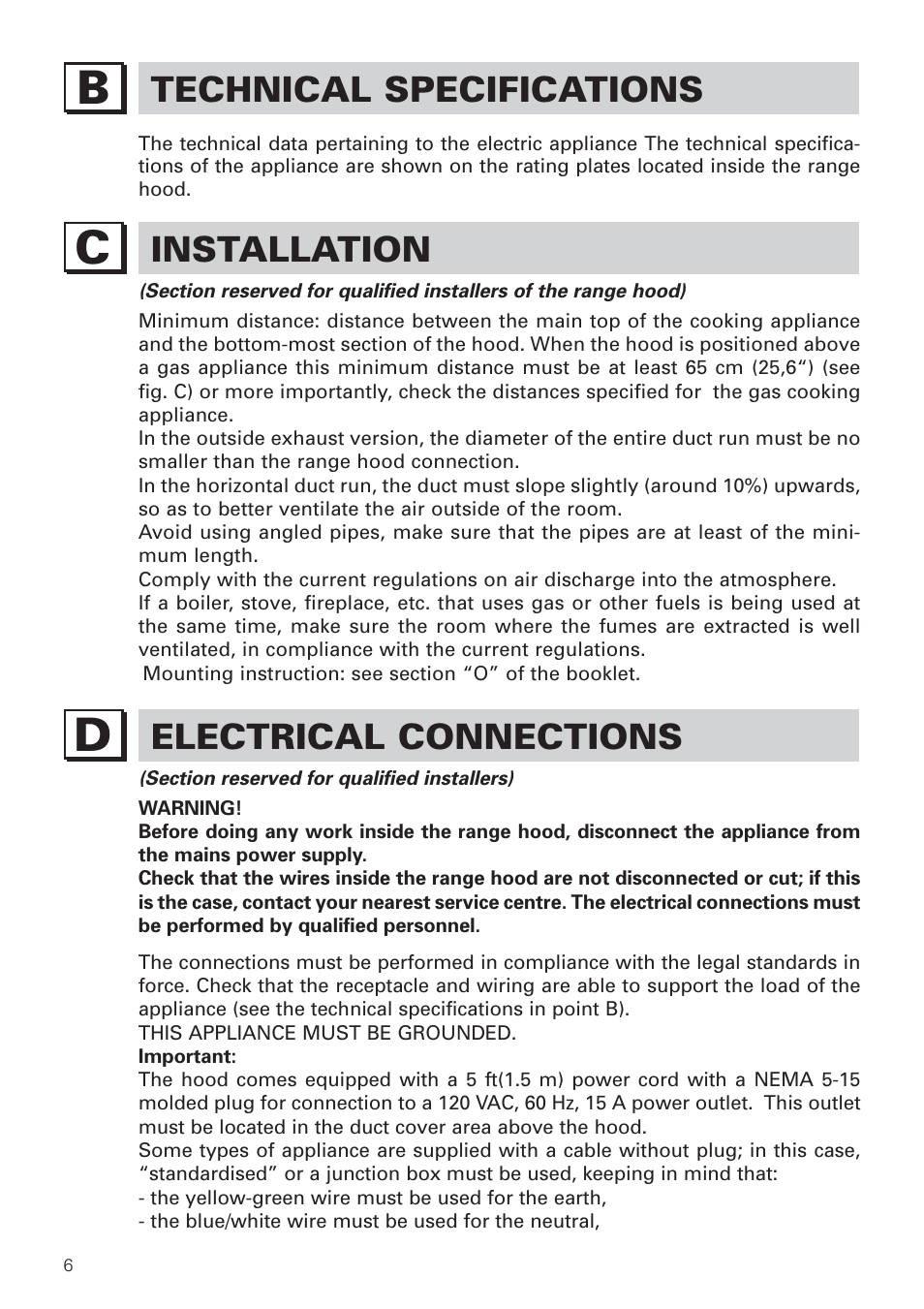 Technical specifications, Installation, Electrical connections | Bertazzoni KIN 36 PER X User Manual | Page 8 / 32