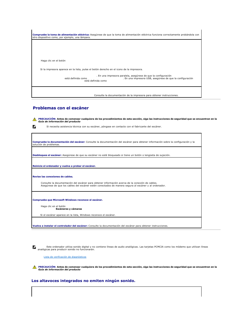 Problemas con el escáner, Problemas con el sonido y los altavoces, Los altavoces integrados no emiten ningún sonido | Dell Latitude D610 User Manual | Page 101 / 119