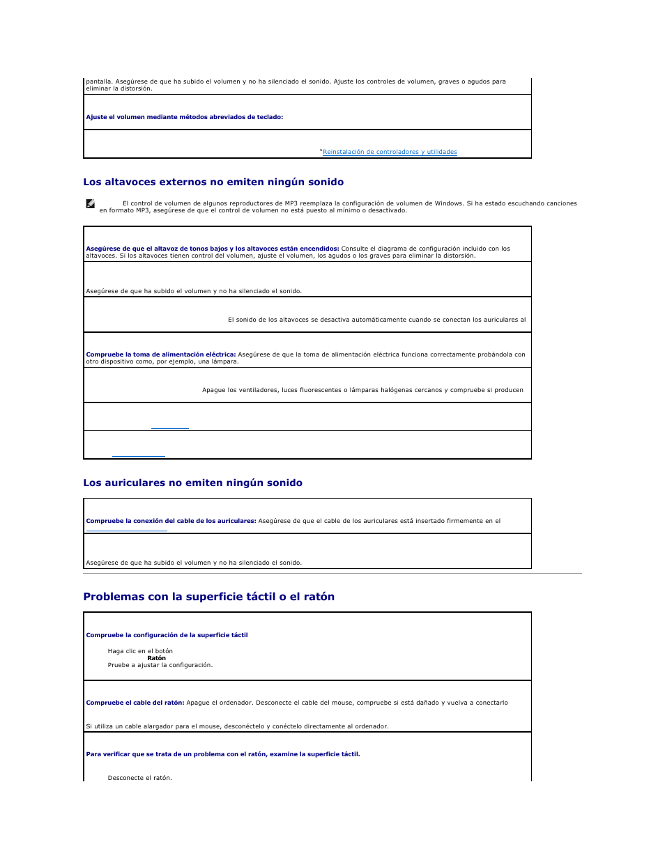 Problemas con la superficie táctil o el ratón, Los altavoces externos no emiten ningún sonido, Los auriculares no emiten ningún sonido | Dell Latitude D610 User Manual | Page 102 / 119