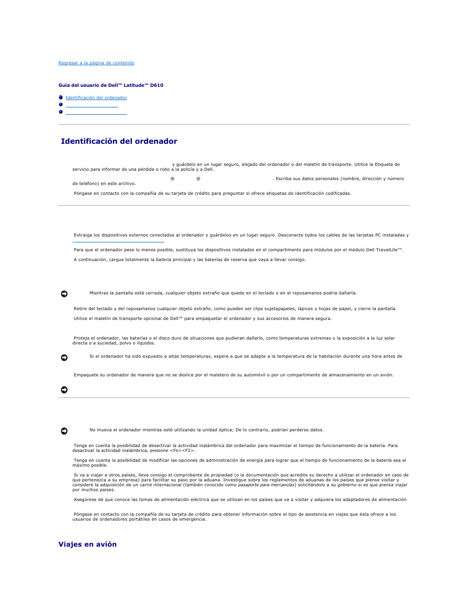 Viajes con el ordenador, Identificación del ordenador, Embalaje del ordenador | Consejos para cuando viaje, Viajes en avión | Dell Latitude D610 User Manual | Page 111 / 119