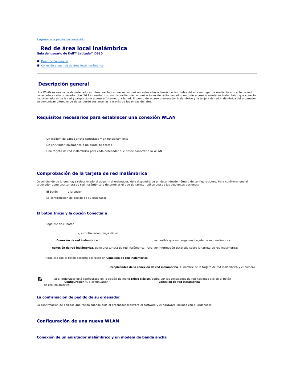 Red de área local inalámbrica, Descripción general, Comprobación de la tarjeta de red inalámbrica | Configuración de una nueva wlan | Dell Latitude D610 User Manual | Page 113 / 119