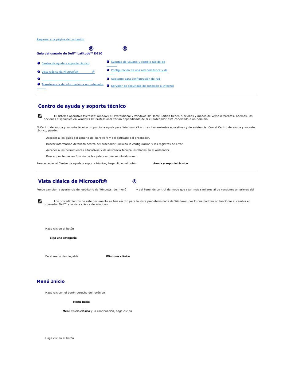 Uso de microsoft® windows® xp, Centro de ayuda y soporte técnico, Vista clásica de microsoft® windows | Escritorio, Menú inicio, Panel de control | Dell Latitude D610 User Manual | Page 116 / 119