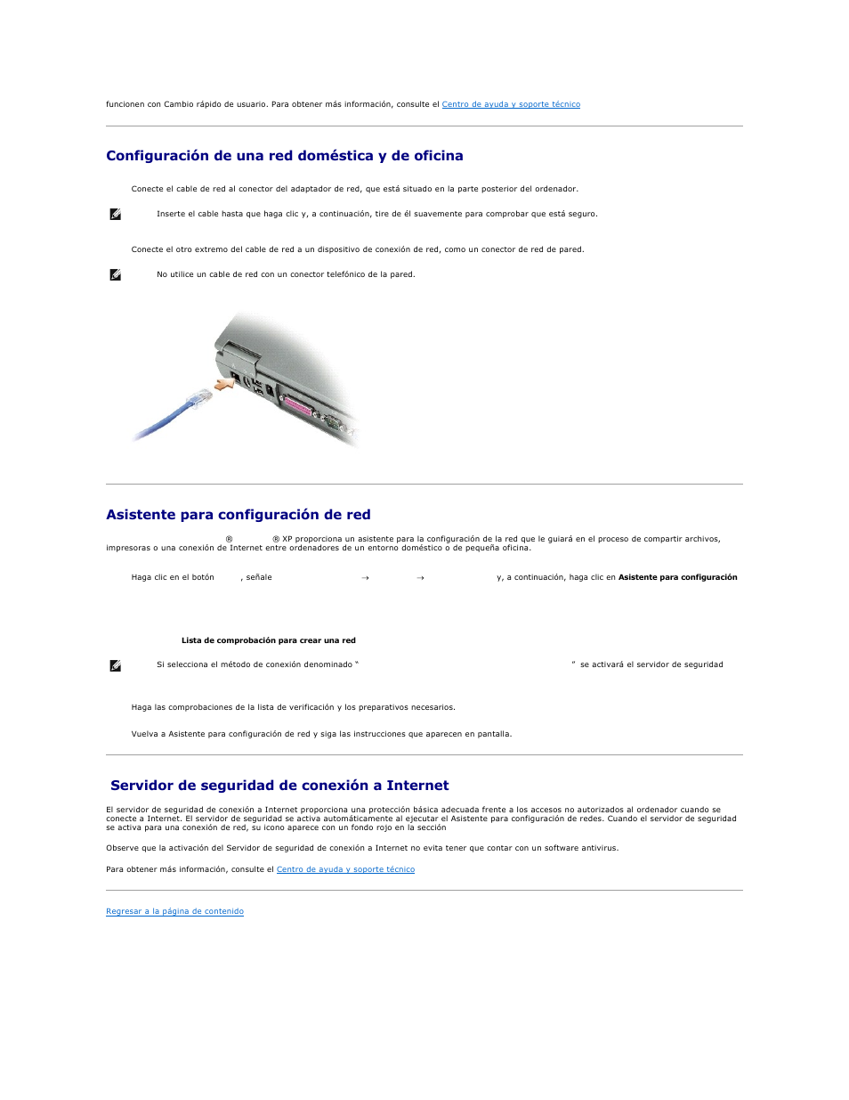 Configuración de una red doméstica y de, Oficina, Asistente para configuración de red | Servidor de seguridad de conexión a internet, Configuración de una red doméstica y de oficina | Dell Latitude D610 User Manual | Page 119 / 119