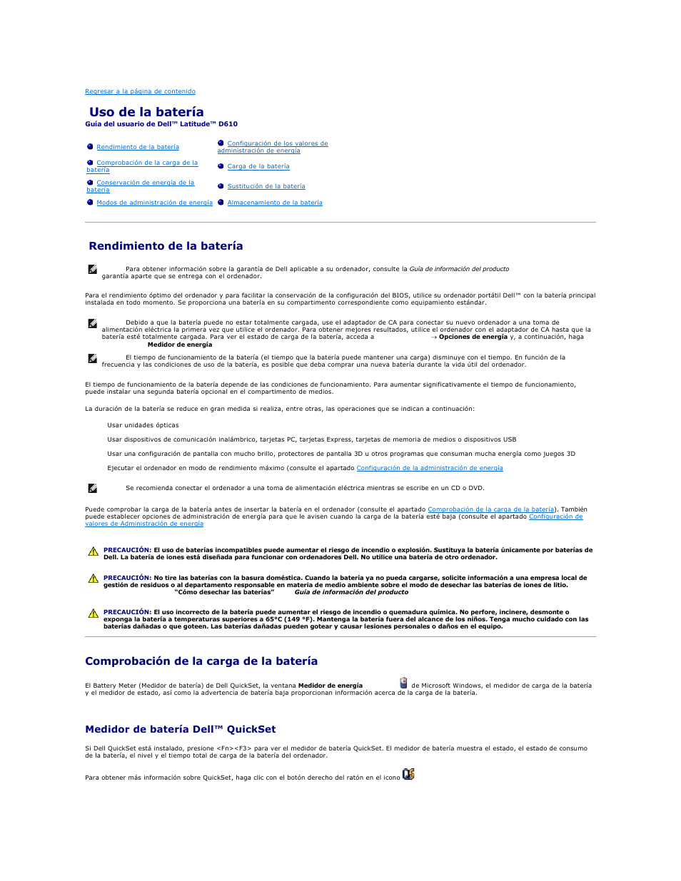 Uso de la batería, Rendimiento de la batería, Comprobación de la carga de la batería | Medidor de batería dell™ quickset | Dell Latitude D610 User Manual | Page 12 / 119