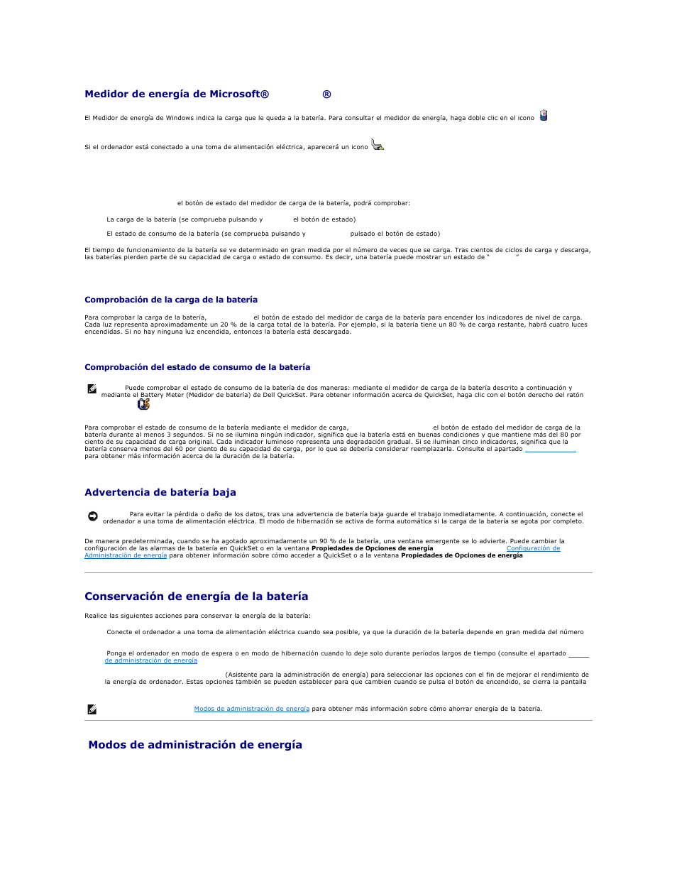 Conservación de energía de la, Batería, Modos de administración de energía | Conservación de energía de la batería, Medidor de energía de microsoft® windows, Medidor de carga, Advertencia de batería baja, Modo de espera | Dell Latitude D610 User Manual | Page 13 / 119