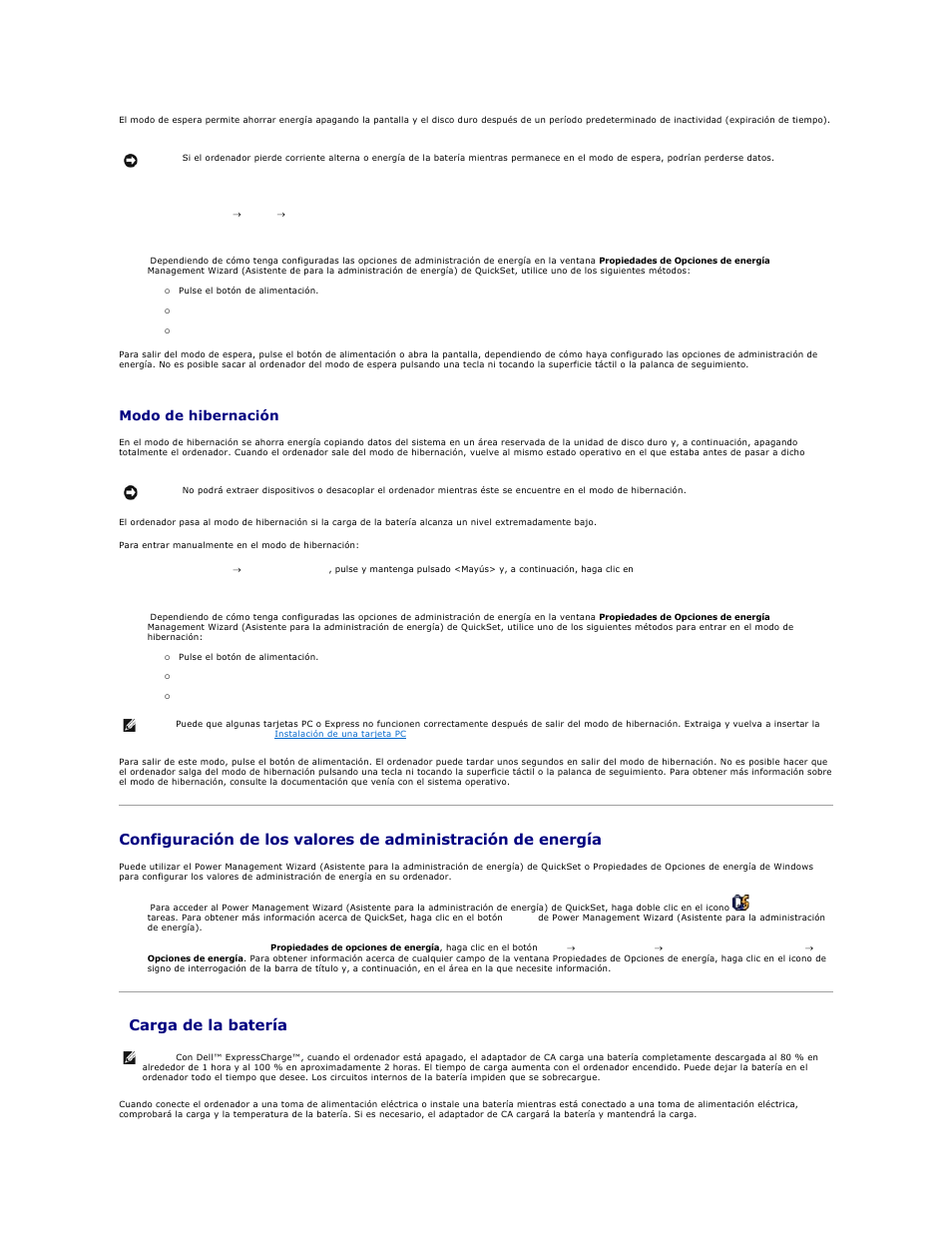 Configuración de la administración de energía, Configuración de, Valores de administración de energía | Configuración de los valores de, Administración de energía, Carga de la batería, Consulte el apartado, Modo de hibernación | Dell Latitude D610 User Manual | Page 14 / 119