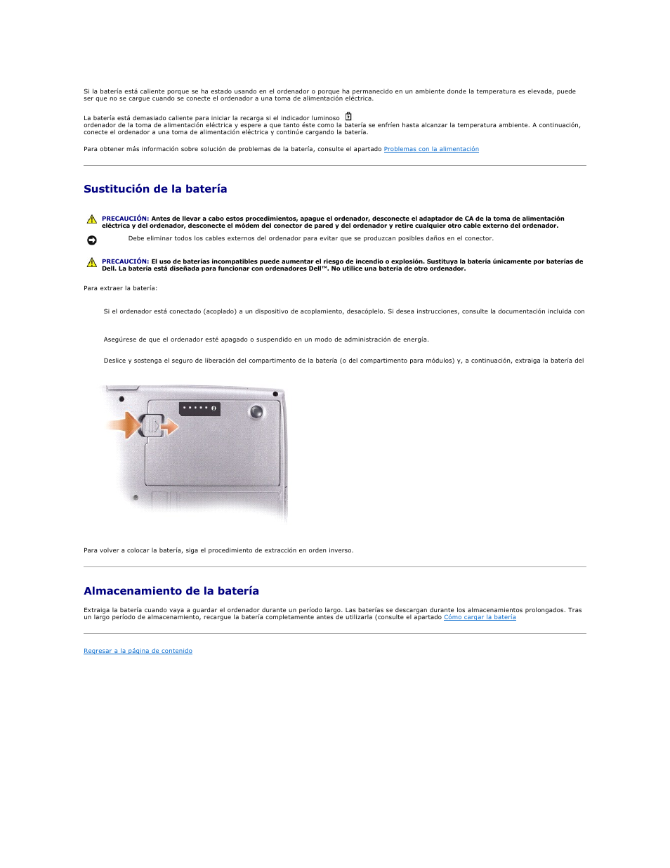 Sustitución de la batería, Almacenamiento de la batería | Dell Latitude D610 User Manual | Page 15 / 119