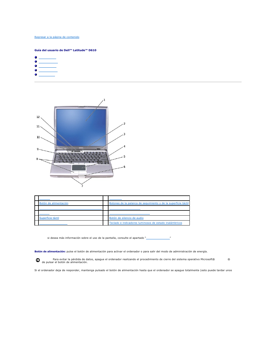 Acerca de su ordenador, Vista anterior | Dell Latitude D610 User Manual | Page 2 / 119
