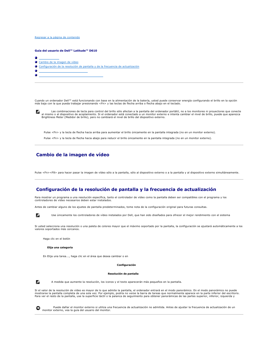 Uso de la pantalla, Ajuste del brillo, Cambio de la imagen de vídeo | Modo de pantalla dual independiente | Dell Latitude D610 User Manual | Page 31 / 119