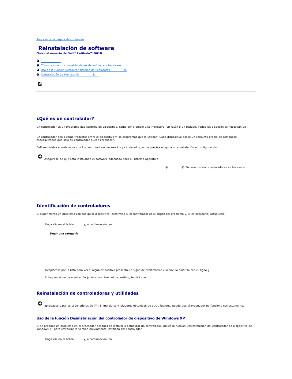 Reinstalación de software, Controladores, Qué es un controlador | Identificación de controladores, Reinstalación de controladores y utilidades | Dell Latitude D610 User Manual | Page 33 / 119