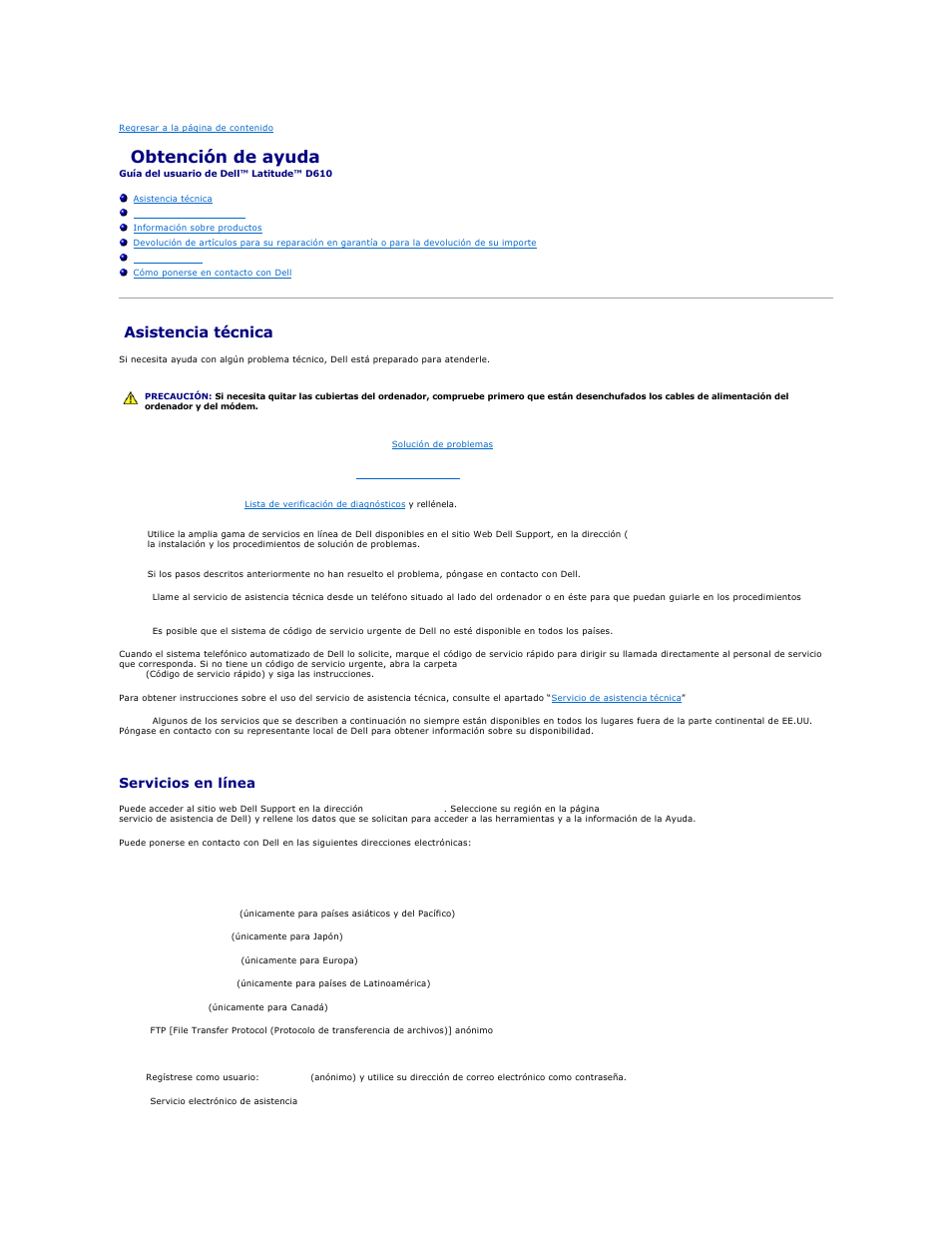 Obtención de ayuda, Asistencia técnica, Servicios en línea | Dell Latitude D610 User Manual | Page 42 / 119