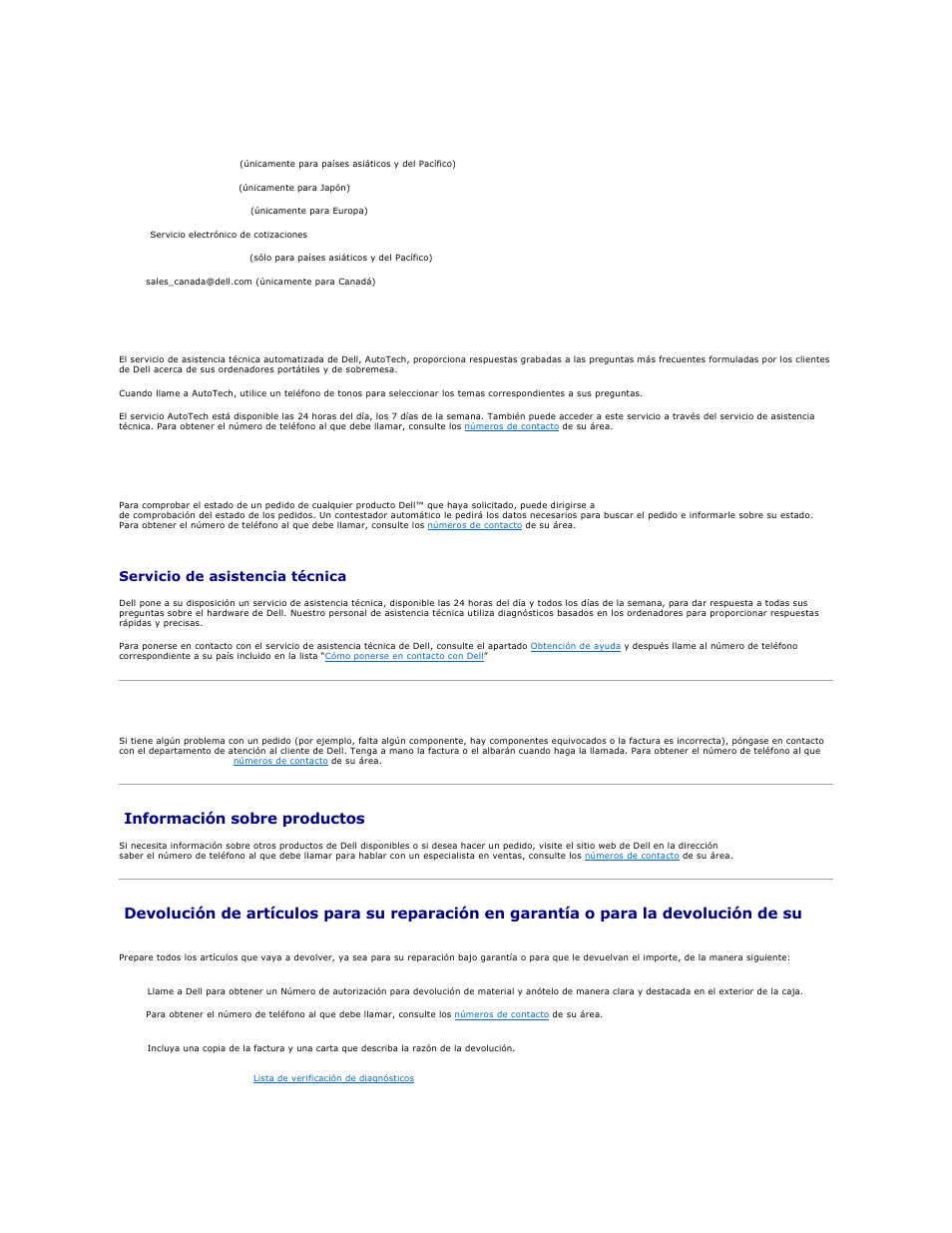 Problemas con su pedido, Información sobre productos, Servicio de asistencia técnica | Servicio autotech | Dell Latitude D610 User Manual | Page 43 / 119