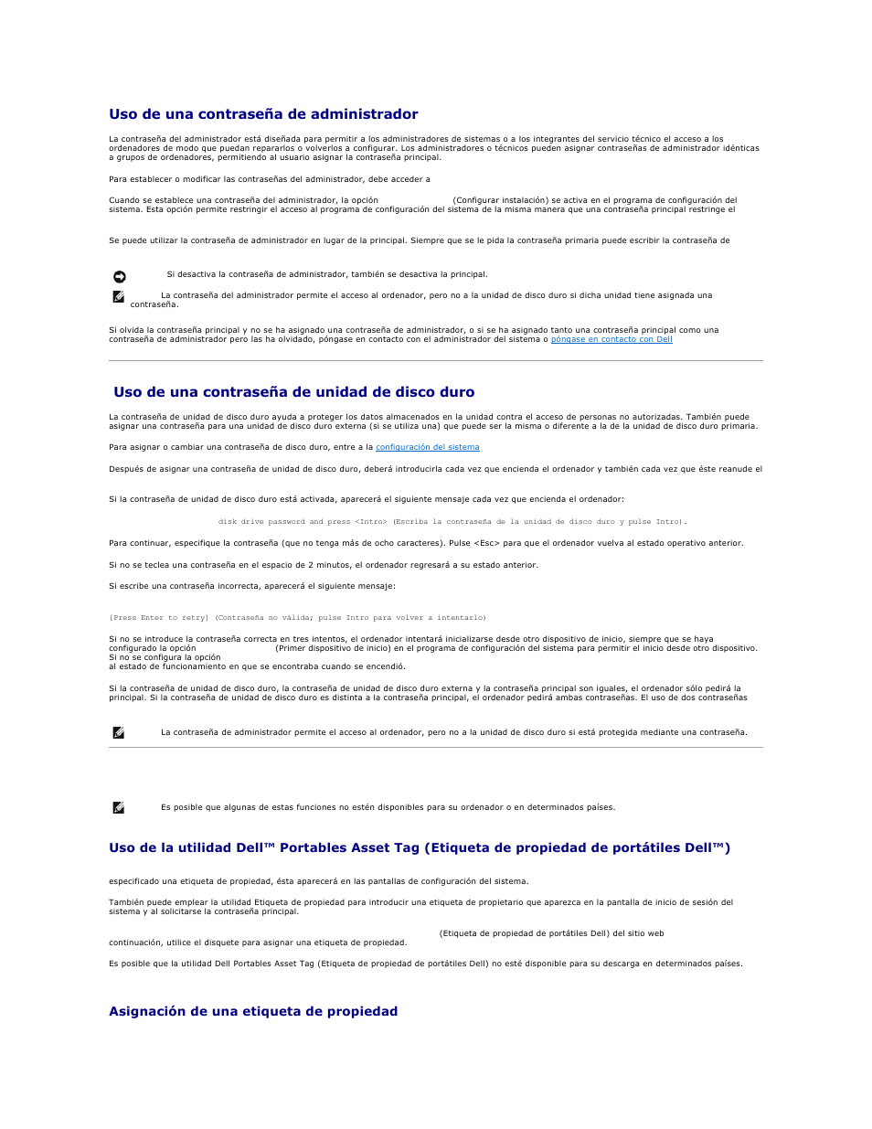 Uso de una contraseña del administrador, Uso de una contraseña de unidad de disco duro, Acerca de las etiquetas de propiedad | Uso de una contraseña de administrador, Asignación de una etiqueta de propiedad | Dell Latitude D610 User Manual | Page 65 / 119