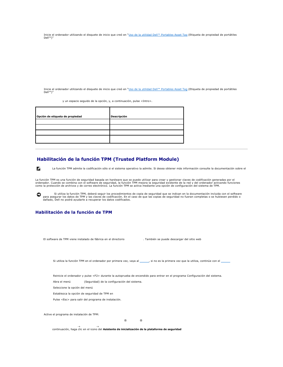 Opciones de etiqueta de propiedad, Habilitación de la función de tpm | Dell Latitude D610 User Manual | Page 67 / 119