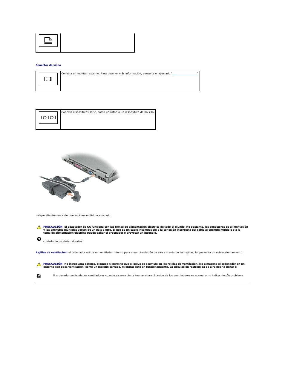 Vista inferior, Conector serie, Conector de vídeo | Conector del adaptador de ca, Rejillas de ventilación | Dell Latitude D610 User Manual | Page 7 / 119