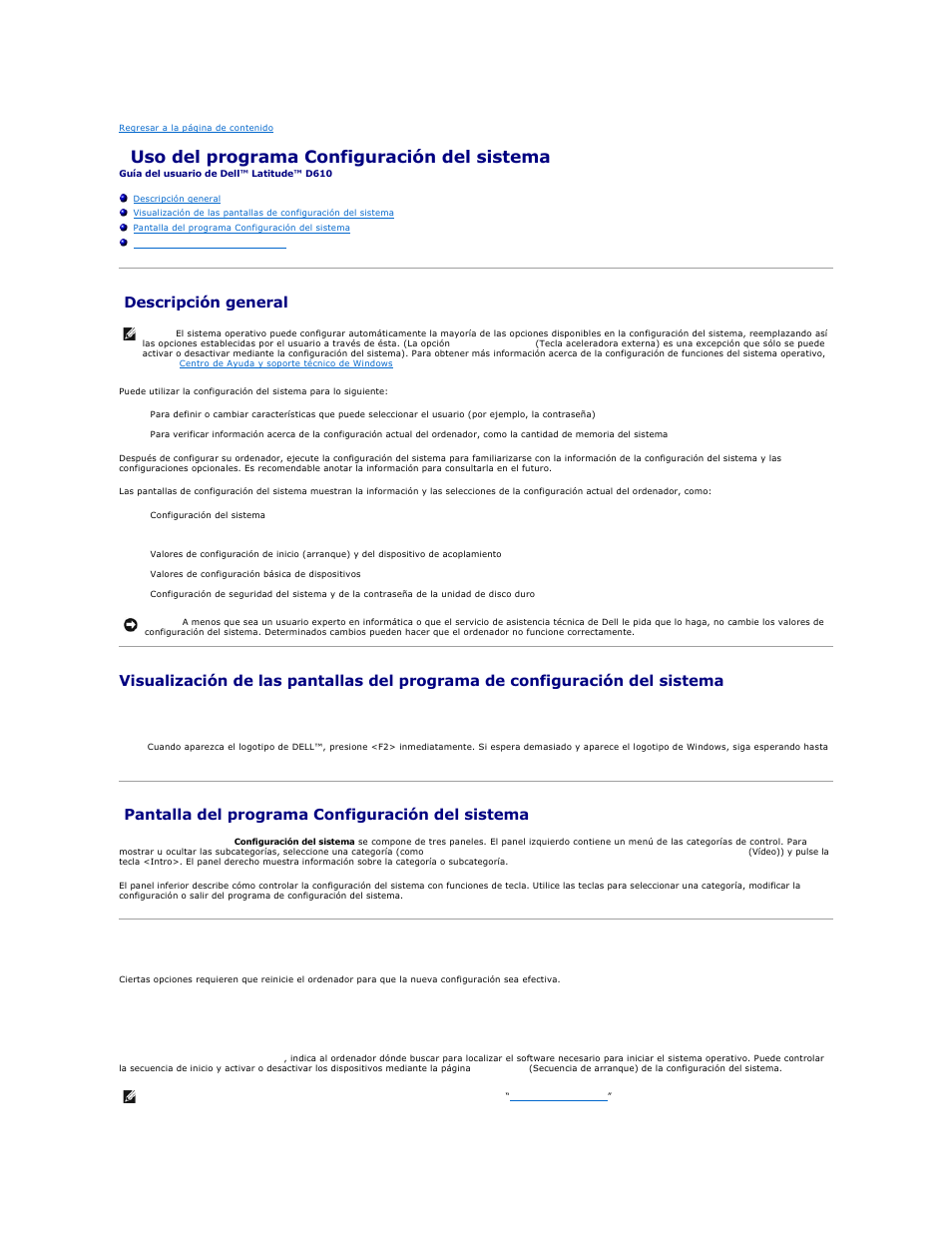 Uso del programa configuración del sistema, Descripción general, Pantalla del programa configuración del sistema | Opciones utilizadas con frecuencia, Cambio de la secuencia de arranque | Dell Latitude D610 User Manual | Page 85 / 119