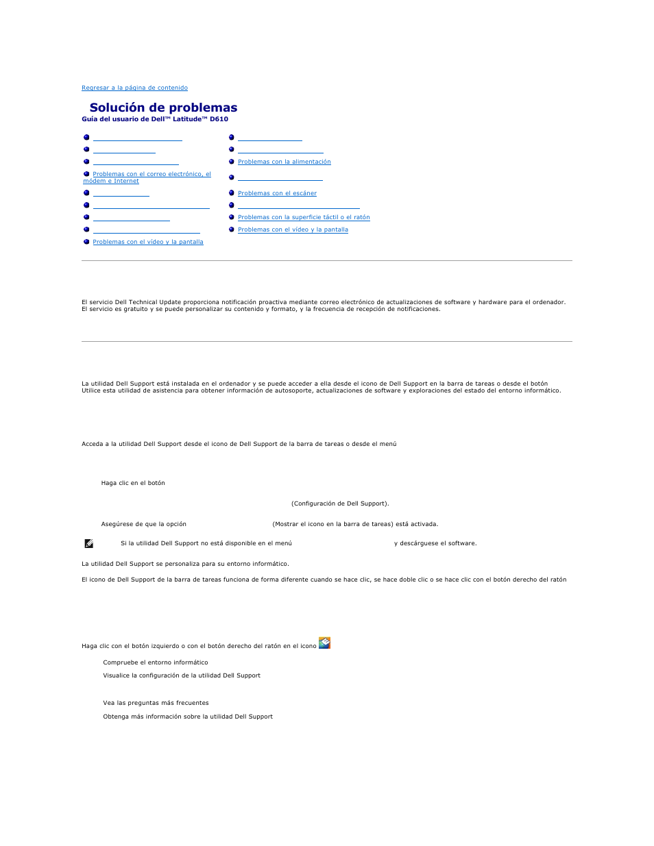 Solución de problemas, Dell technical update service, Utilidad dell support | Acceso a la utilidad dell support, Clic en el icono de dell support | Dell Latitude D610 User Manual | Page 90 / 119