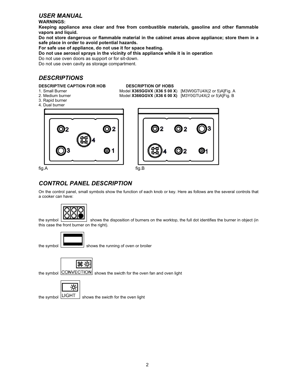 User manual, Descriptions, Control panel description | Bertazzoni X366GGVX User Manual | Page 2 / 7