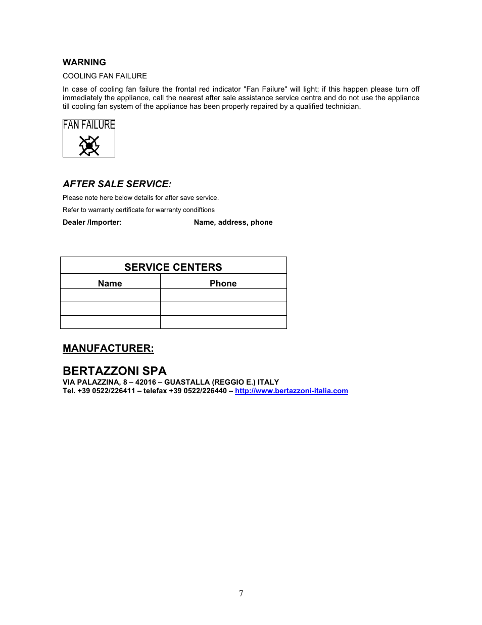 Bertazzoni spa, Manufacturer, Service centers | Bertazzoni X366GGVX User Manual | Page 7 / 7