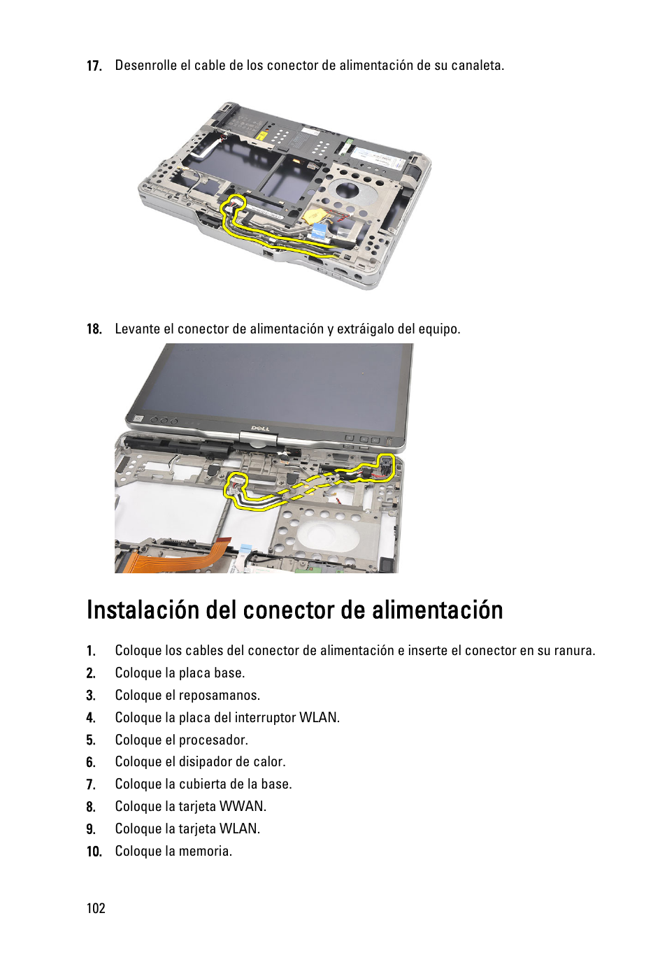 Instalación del conector de alimentación | Dell Latitude XT3 (Mid 2011) User Manual | Page 102 / 155