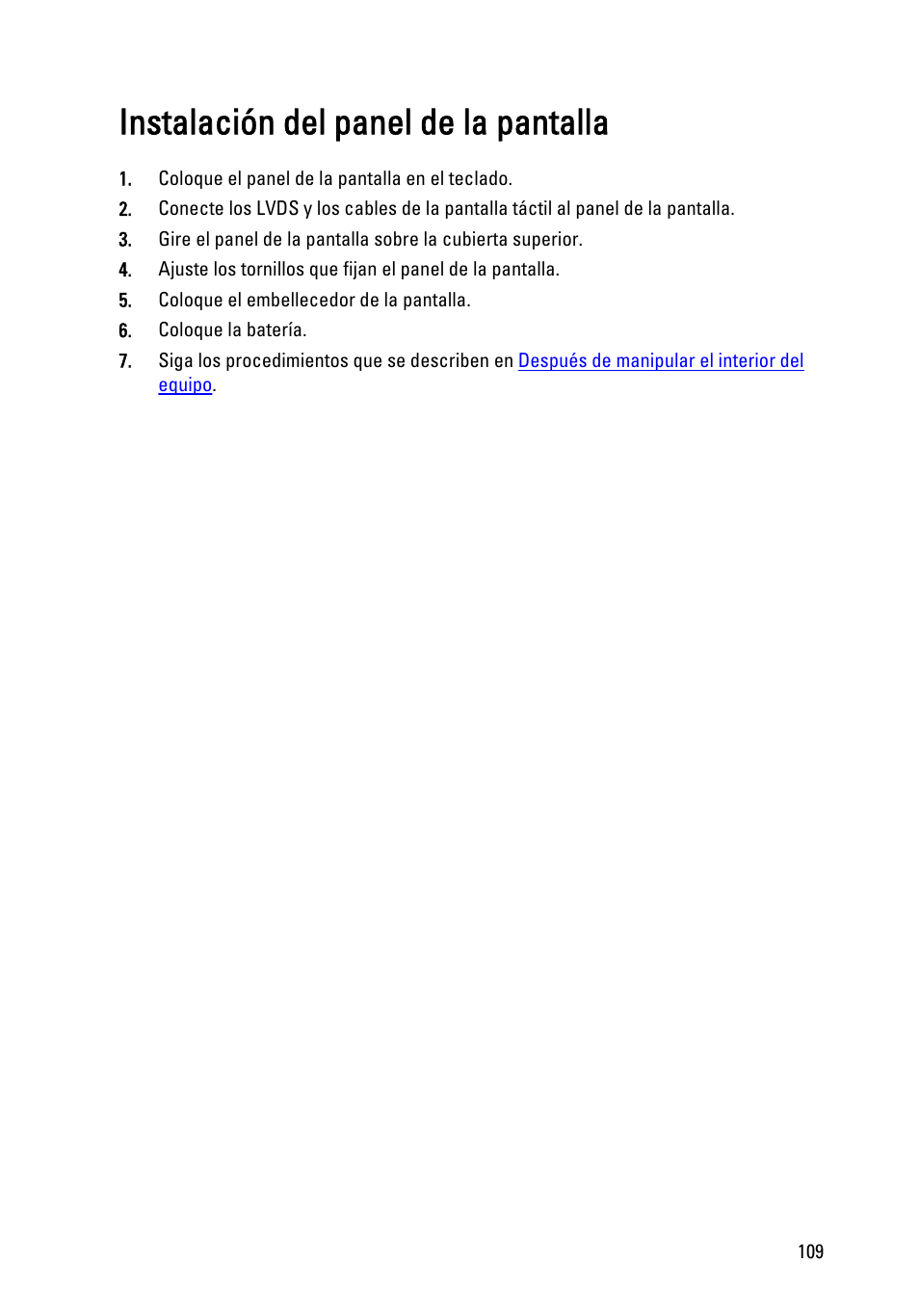 Instalación del panel de la pantalla | Dell Latitude XT3 (Mid 2011) User Manual | Page 109 / 155