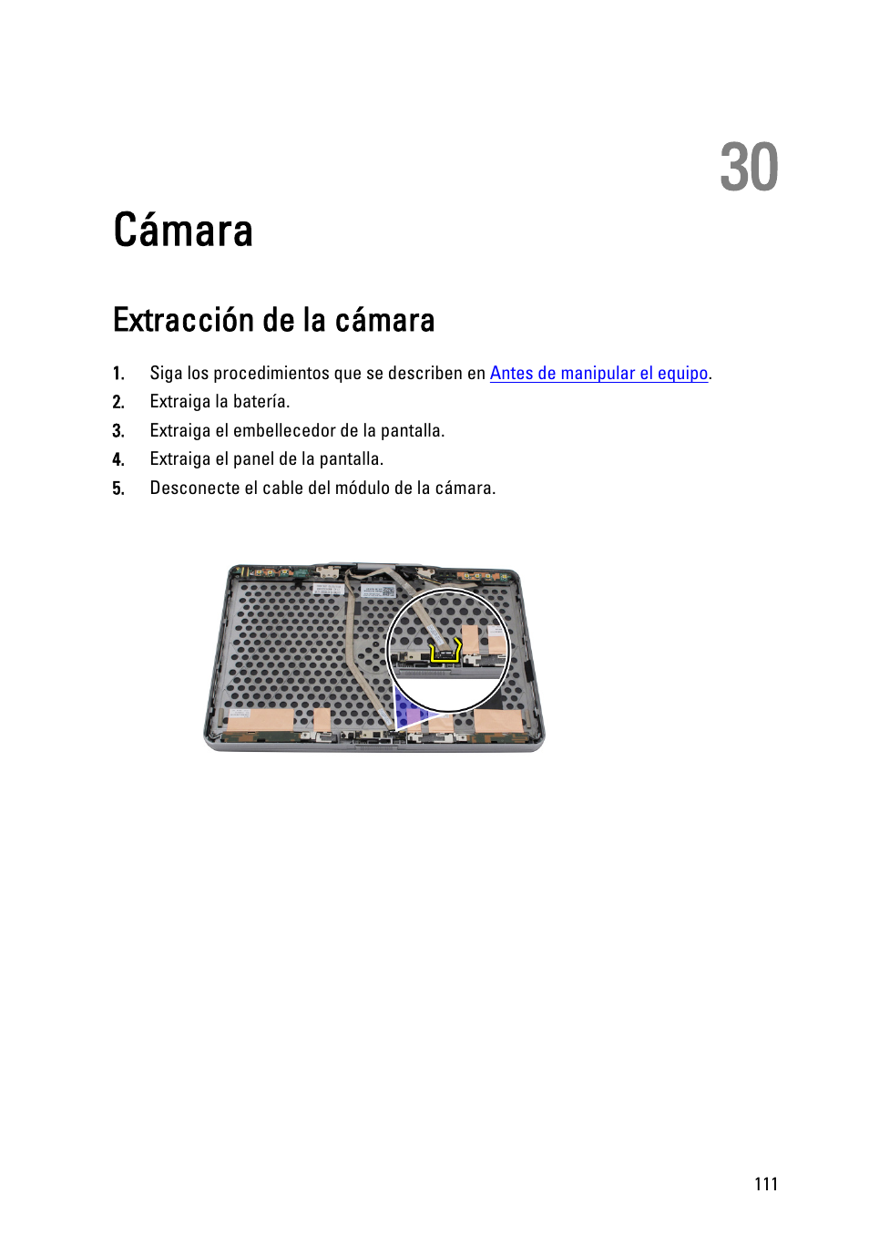 Cámara, Extracción de la cámara, 30 cámara | Dell Latitude XT3 (Mid 2011) User Manual | Page 111 / 155
