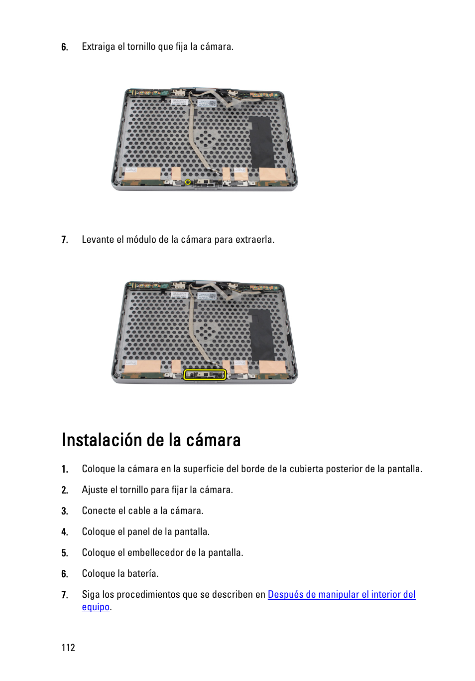 Instalación de la cámara | Dell Latitude XT3 (Mid 2011) User Manual | Page 112 / 155