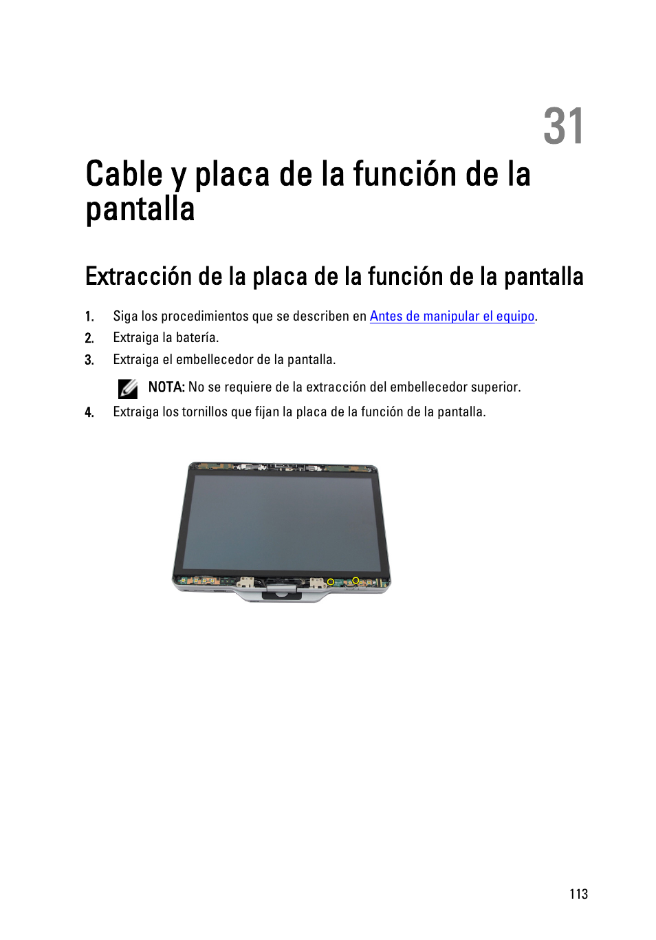 Cable y placa de la función de la pantalla, 31 cable y placa de la función de la pantalla | Dell Latitude XT3 (Mid 2011) User Manual | Page 113 / 155