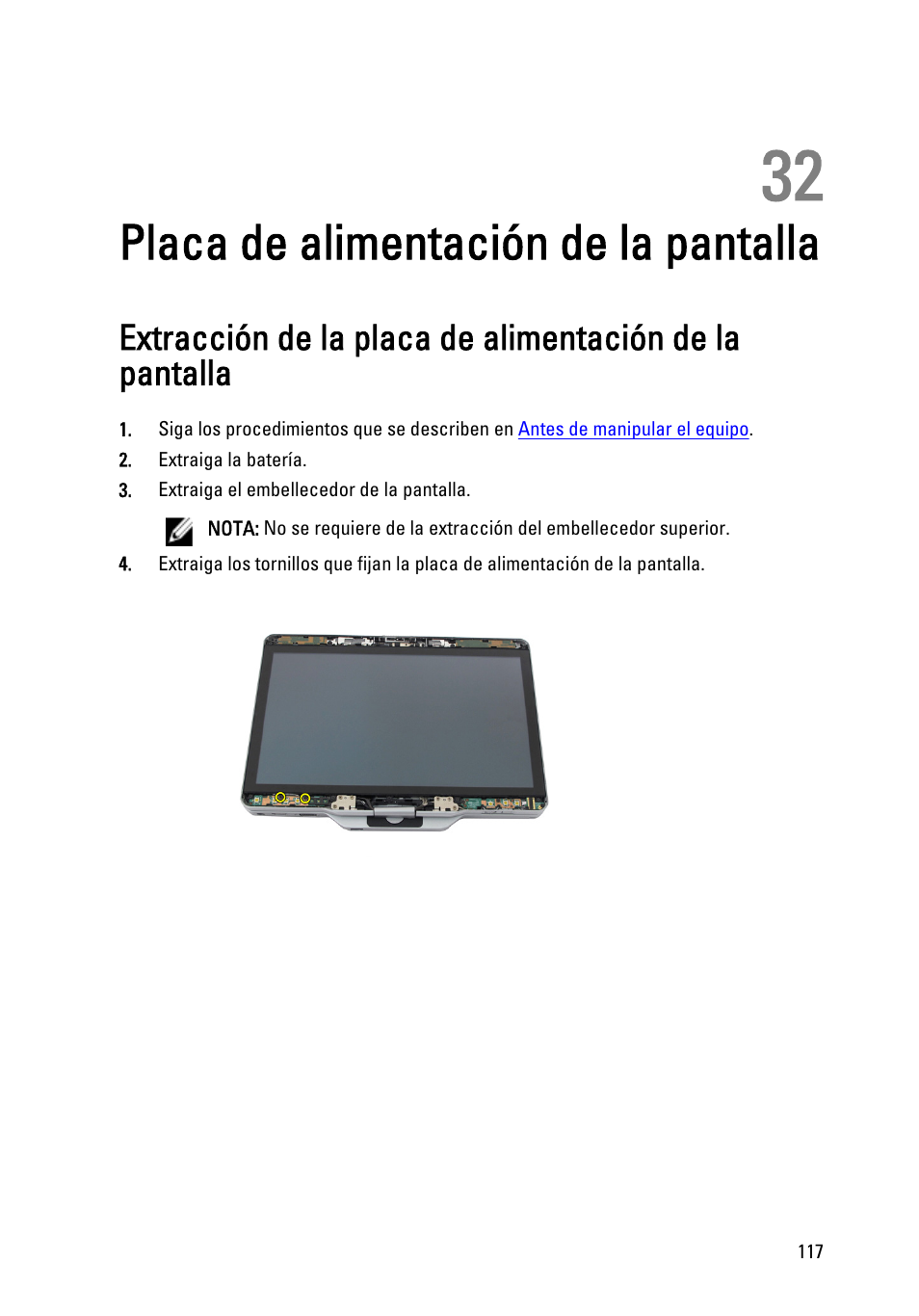 Placa de alimentación de la pantalla, 32 placa de alimentación de la pantalla | Dell Latitude XT3 (Mid 2011) User Manual | Page 117 / 155