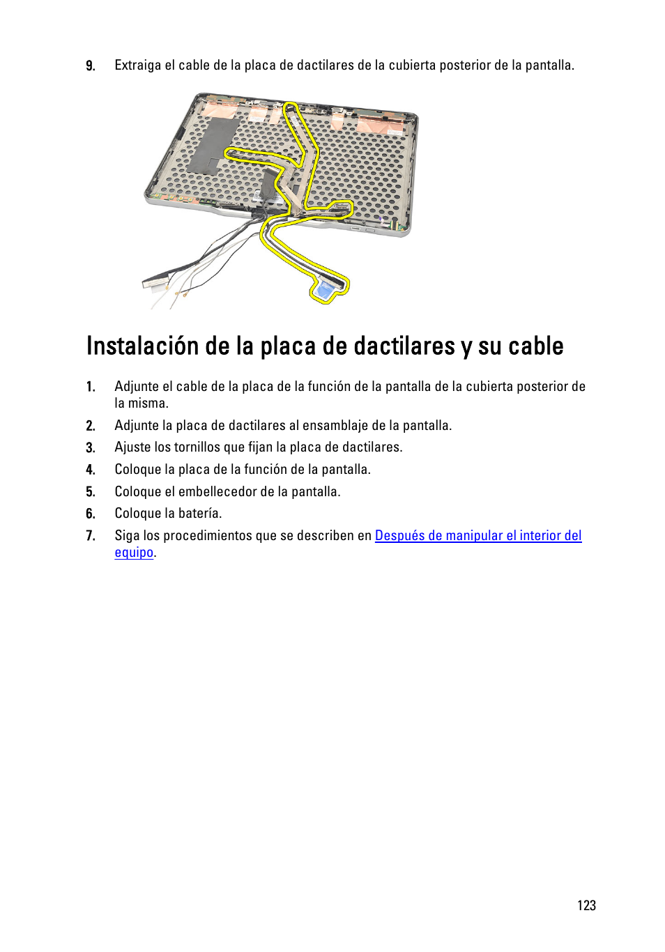 Instalación de la placa de dactilares y su cable | Dell Latitude XT3 (Mid 2011) User Manual | Page 123 / 155