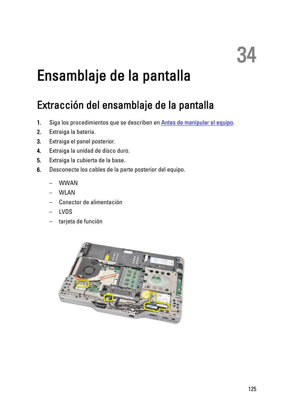 Ensamblaje de la pantalla, Extracción del ensamblaje de la pantalla, 34 ensamblaje de la pantalla | Dell Latitude XT3 (Mid 2011) User Manual | Page 125 / 155