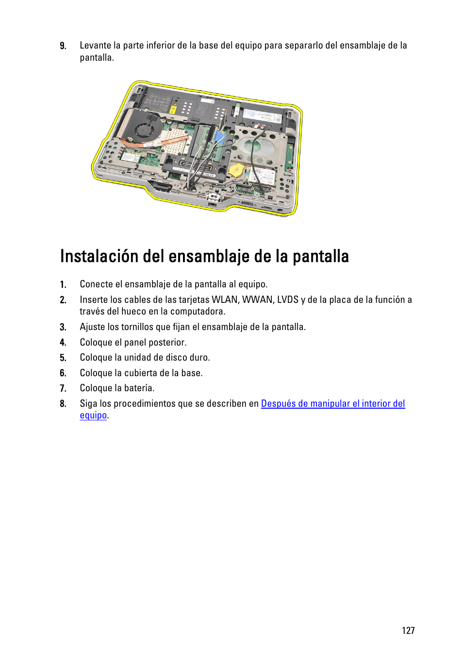 Instalación del ensamblaje de la pantalla | Dell Latitude XT3 (Mid 2011) User Manual | Page 127 / 155